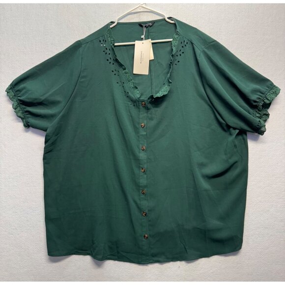 BloomChic Tops - Bloomchic Womens Plus Size Button-Up Blouse Eyelet & Lace Trim Green Size 32